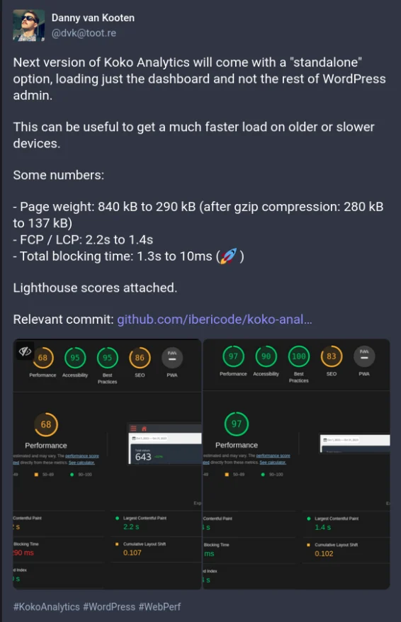 Screenshot of a toot on Mastodon showcasing the first improved performanc metrics of the standalone dashboard.