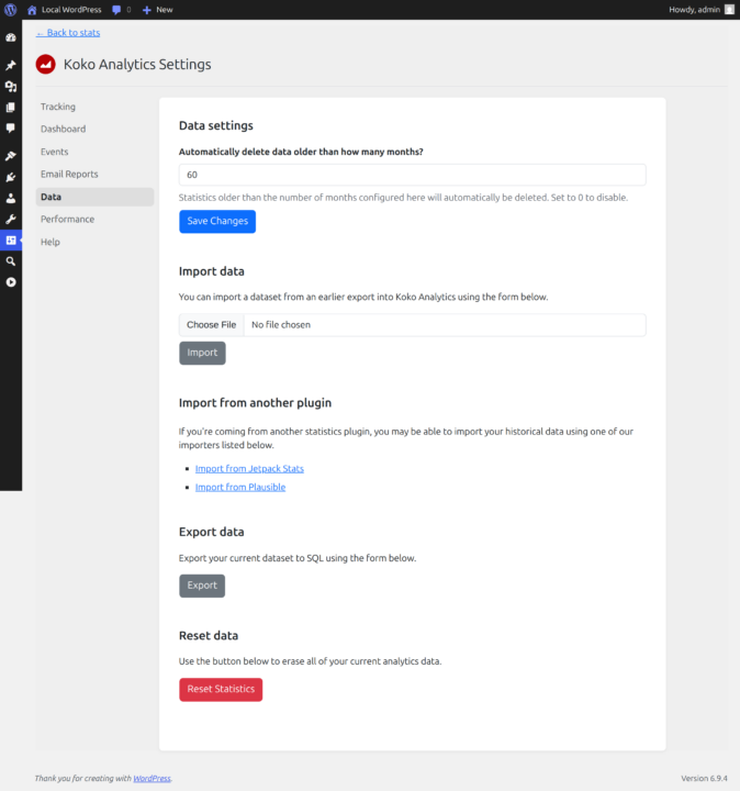 Screenshot of the data settings page for Koko Analytics