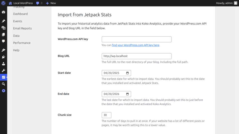 Screenshot of the Jetpack Importer page in Koko Analytics