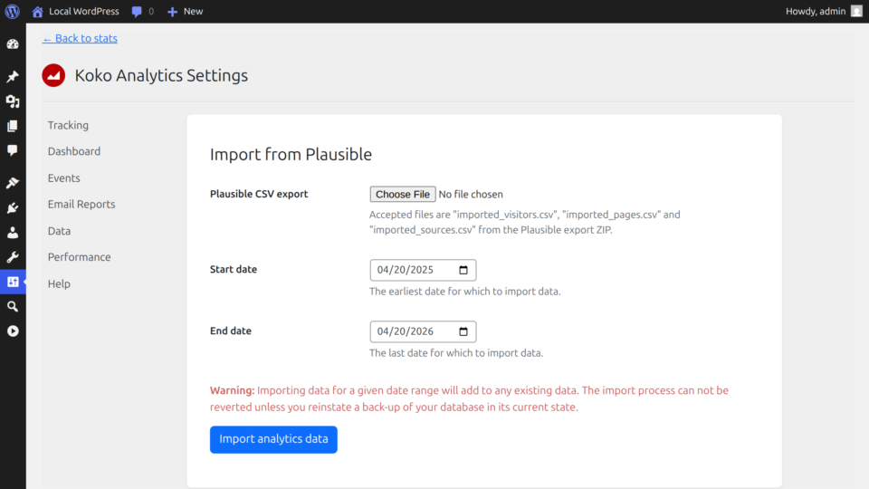 Screenshot of the Plausible importer page in Koko Analytics