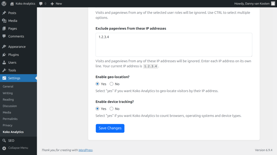 Screenshot of the device tracking setting on the Koko Analytics tracking settings page.