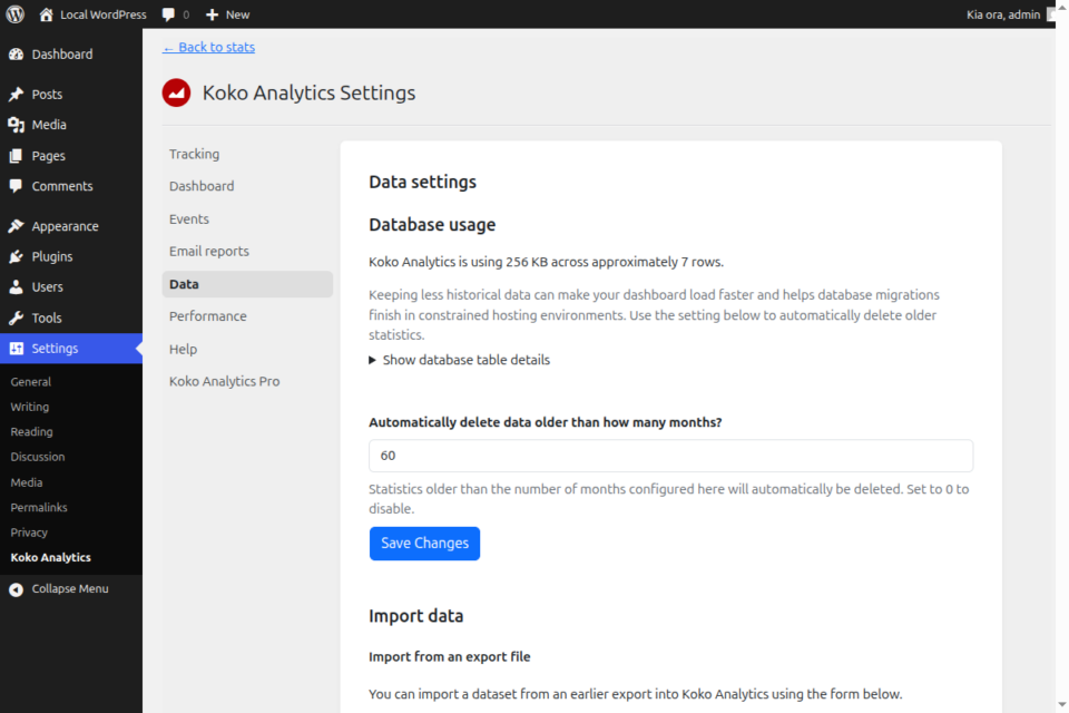 Koko Analytics data settings.