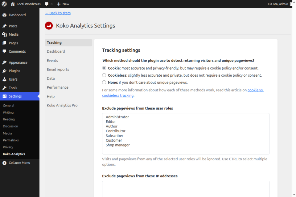 Koko Analytics tracking settings.