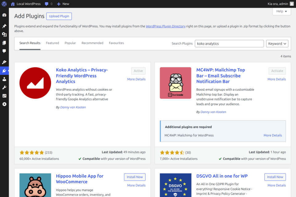 Searching for the Koko Analytics plugin inside the WordPress admin.