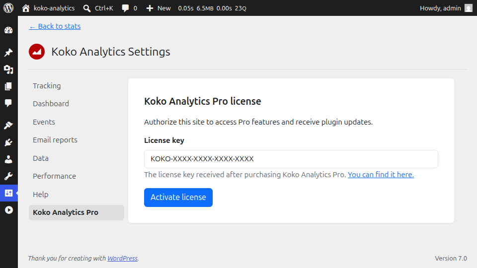 Screenshot of license form in Koko Analytics Pro