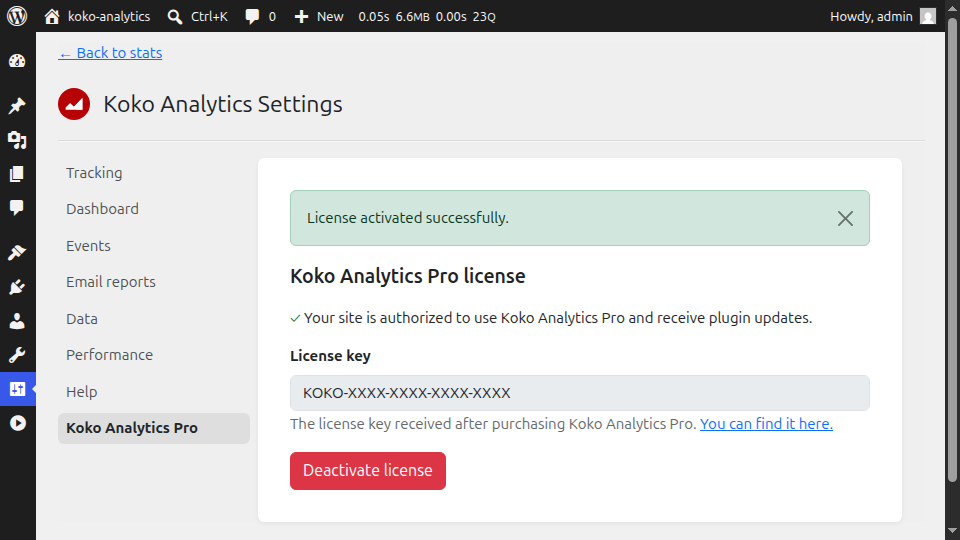 Screenshot of a successfully activated plugin license in Koko Analytics Pro